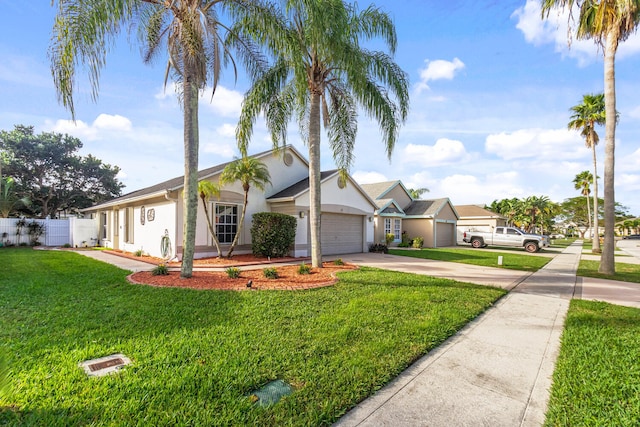 single story home featuring a garage and a front yard