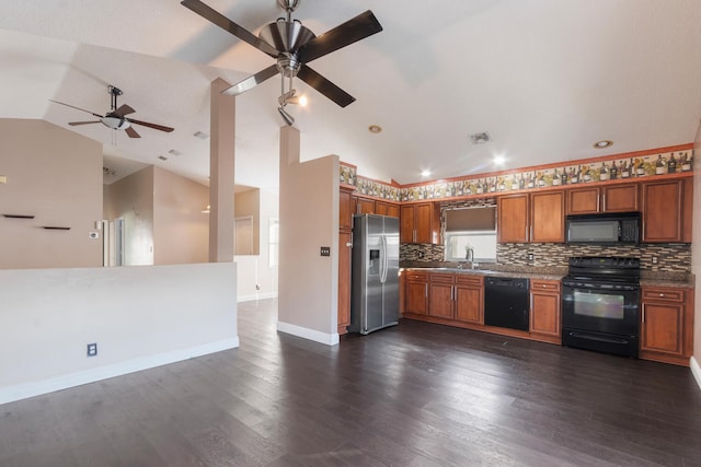 kitchen featuring backsplash, black appliances, stone countertops, high vaulted ceiling, and dark hardwood / wood-style floors