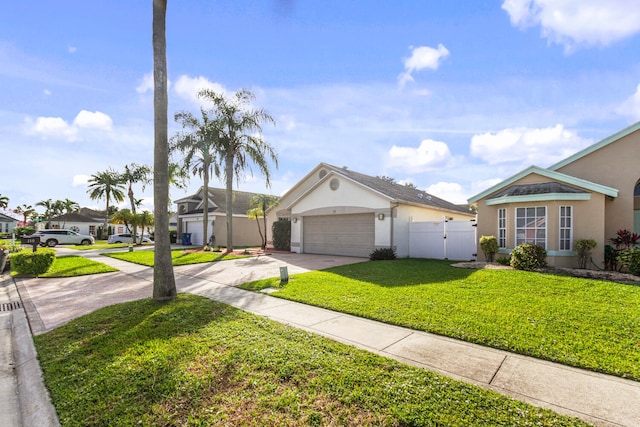 ranch-style home with a front lawn and a garage