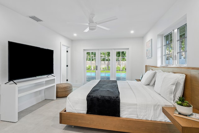 carpeted bedroom featuring access to outside and ceiling fan