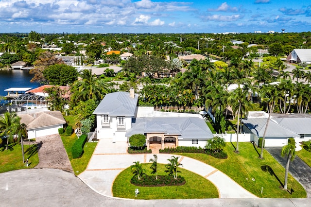 bird's eye view with a water view