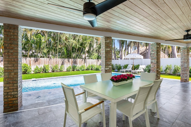 view of patio / terrace with a fenced in pool and ceiling fan