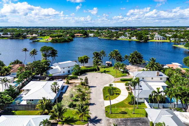 drone / aerial view featuring a water view