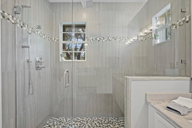 bathroom with a shower with shower door