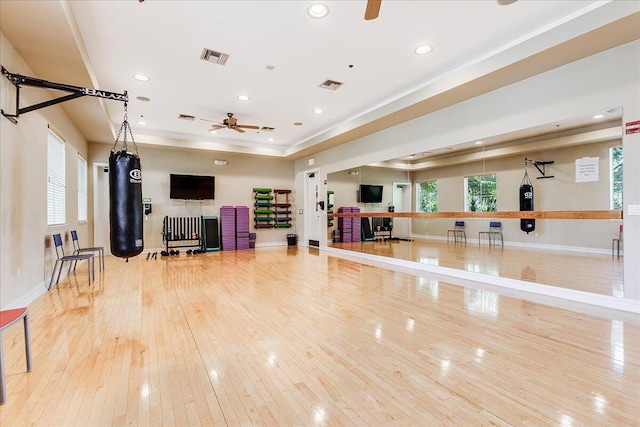 exercise room featuring a raised ceiling, ceiling fan, a healthy amount of sunlight, and wood-type flooring