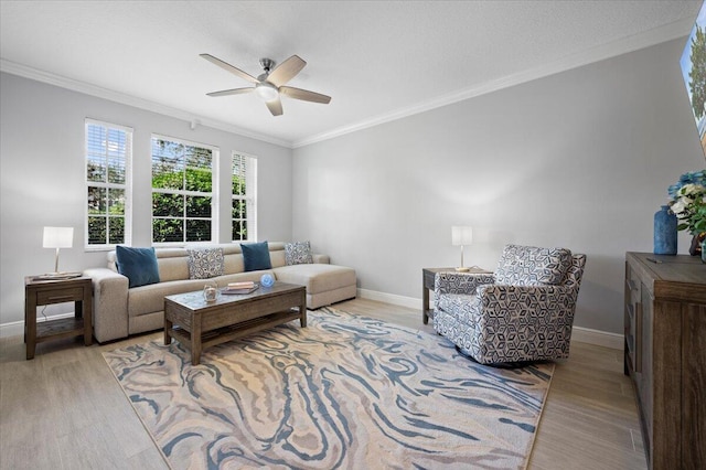 living room featuring ceiling fan, light wood-type flooring, and crown molding