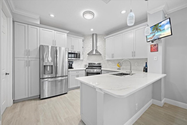 kitchen featuring sink, stainless steel appliances, wall chimney range hood, backsplash, and kitchen peninsula