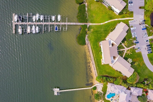 drone / aerial view featuring a water view