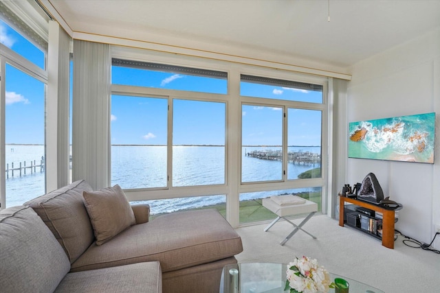 carpeted living room with a water view