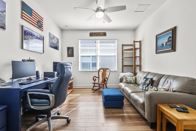 office featuring a textured ceiling, dark hardwood / wood-style flooring, and ceiling fan