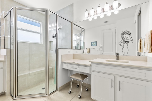 bathroom with tile patterned flooring, vanity, and a shower with shower door