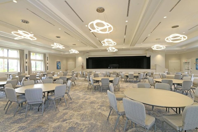 carpeted dining room with crown molding