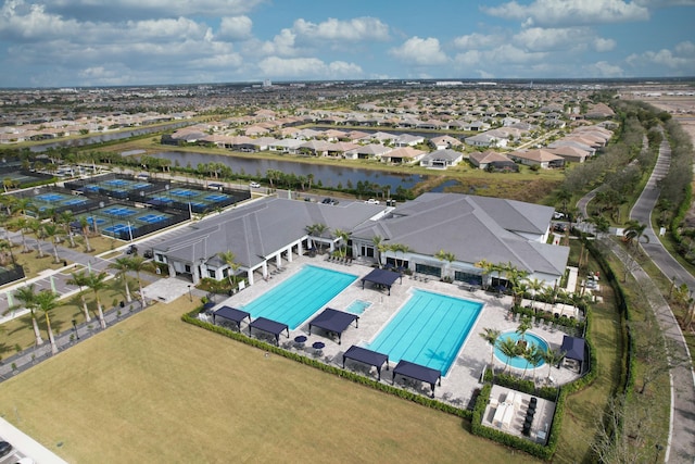 aerial view featuring a water view