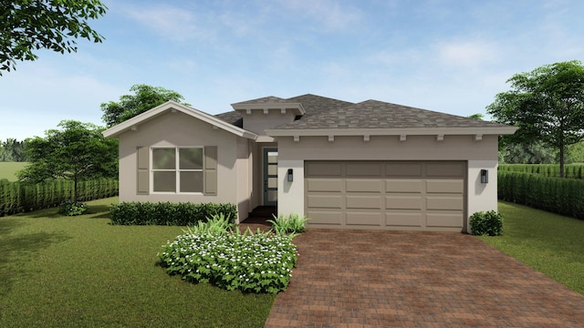 view of front facade with a garage and a front lawn