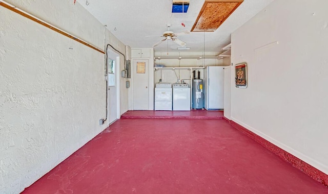 interior space featuring electric water heater, concrete floors, ceiling fan, washing machine and dryer, and electric panel