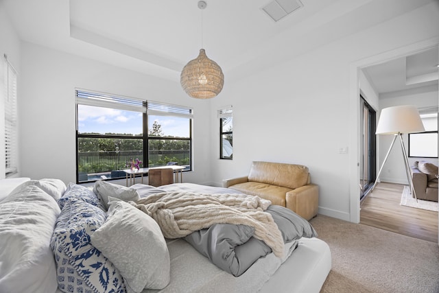 bedroom featuring hardwood / wood-style flooring and a tray ceiling