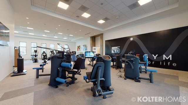 gym with a drop ceiling, a tray ceiling, and light carpet