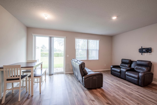 living room featuring light hardwood / wood-style flooring and a textured ceiling