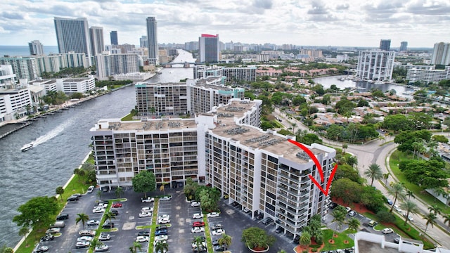 drone / aerial view with a water view