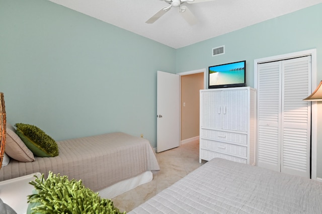 carpeted bedroom featuring ceiling fan and a closet