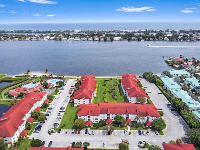 drone / aerial view featuring a water view