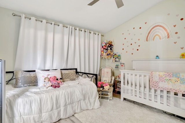 bedroom with ceiling fan and carpet