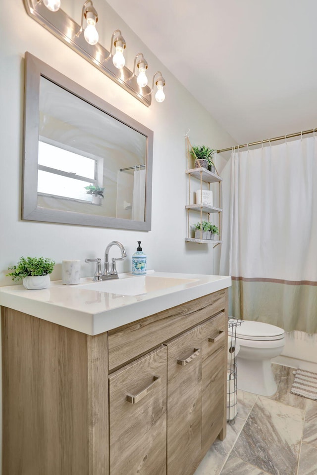 bathroom featuring toilet, vanity, and walk in shower