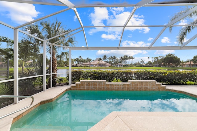 view of pool featuring a lanai and a water view