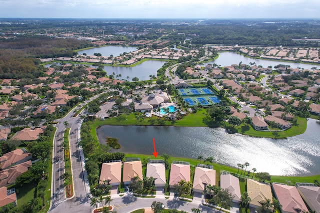 bird's eye view with a water view