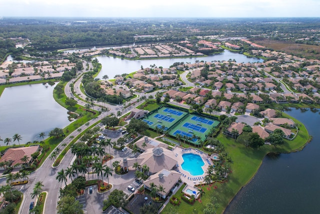 drone / aerial view with a water view