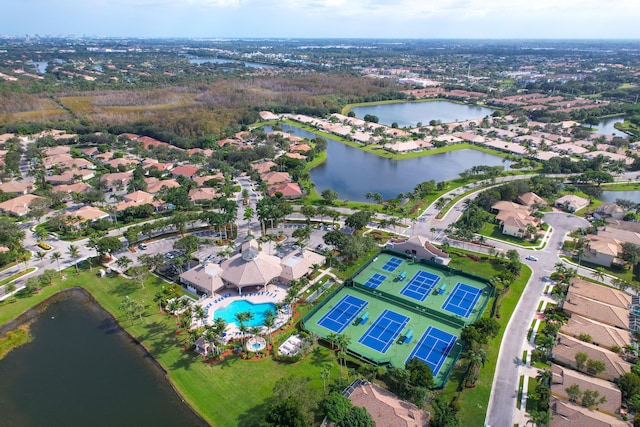 aerial view featuring a water view