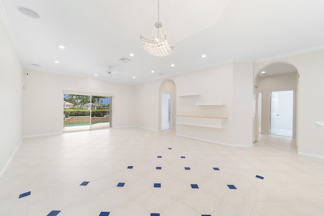 unfurnished living room with crown molding, light tile patterned flooring, and an inviting chandelier