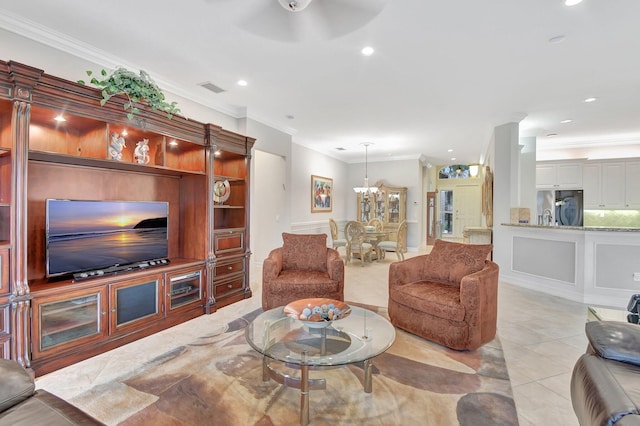 living room featuring light tile patterned floors, ceiling fan, and ornamental molding