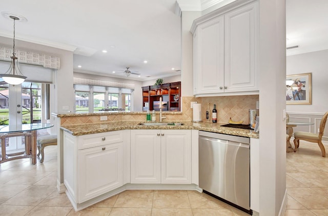 kitchen with dishwasher, white cabinetry, ceiling fan, and sink