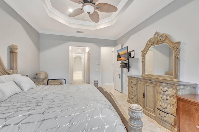 bedroom with connected bathroom, ceiling fan, and crown molding