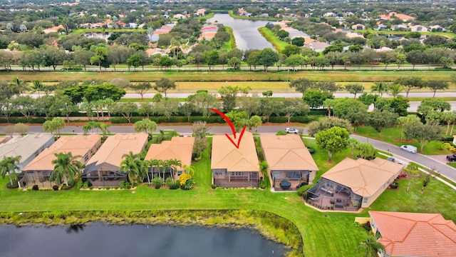 aerial view featuring a water view