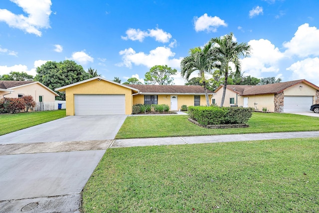 ranch-style home with a front lawn and a garage