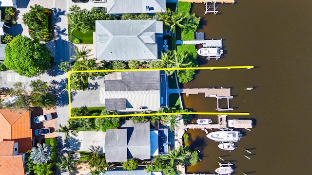 drone / aerial view featuring a water view