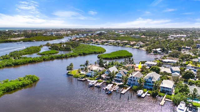 aerial view featuring a water view