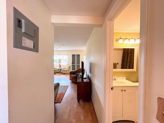 hallway with sink and wood-type flooring