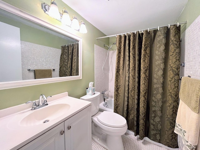 full bathroom featuring toilet, shower / tub combo, vanity, and tile patterned flooring