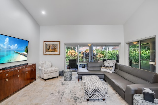 living room featuring high vaulted ceiling