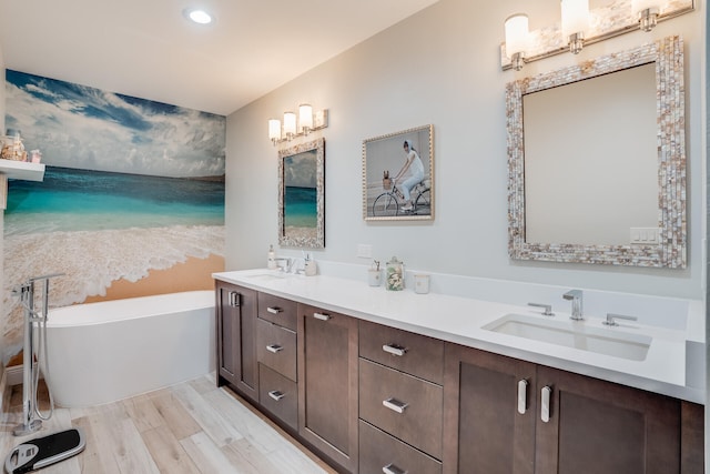 bathroom with hardwood / wood-style flooring, vanity, and a tub