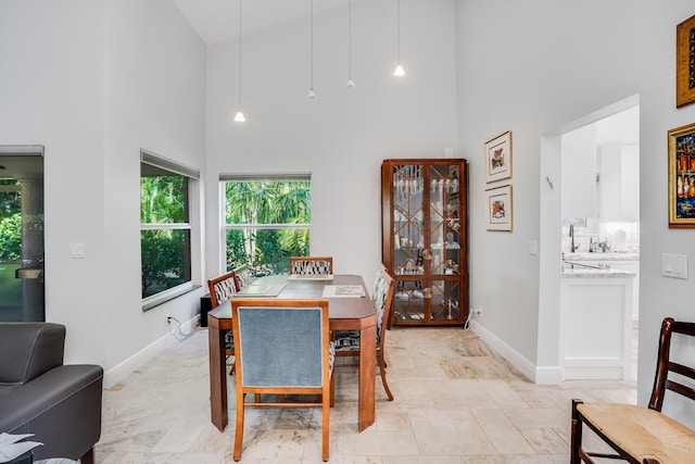 dining room with high vaulted ceiling