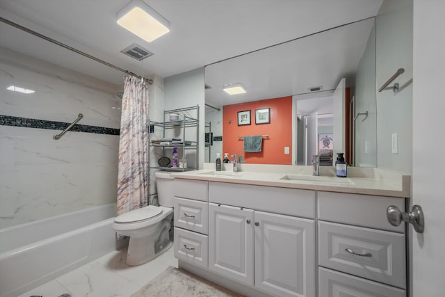 full bathroom featuring toilet, vanity, and shower / tub combo with curtain