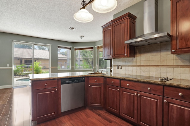 kitchen with black electric stovetop, dishwasher, wall chimney exhaust hood, sink, and dark hardwood / wood-style floors