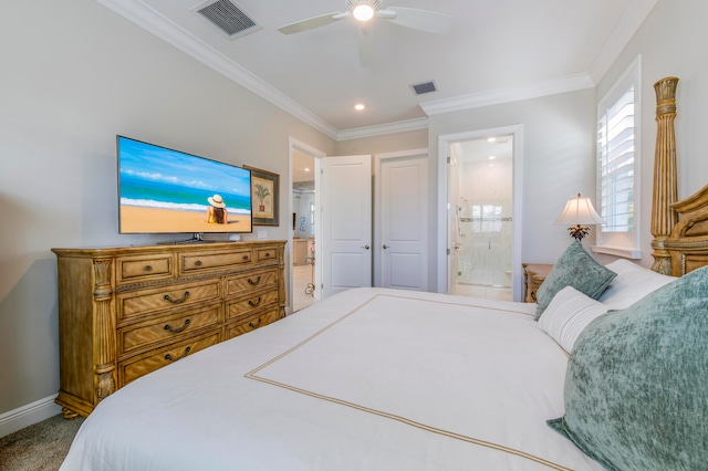 bedroom featuring carpet flooring, ensuite bathroom, crown molding, and ceiling fan