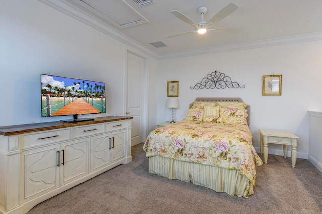 carpeted bedroom featuring ceiling fan and crown molding