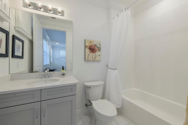 full bathroom featuring vanity, ornamental molding, shower / bath combo, and toilet