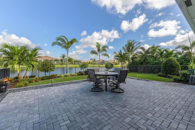 view of patio / terrace with a water view